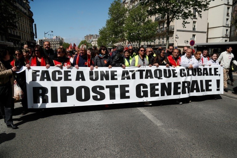 The banner "General Response" leading the event bringing together CGT trade unionists, leftist activists and "yellow vests", Saturday, April 27, 2019 in Paris.