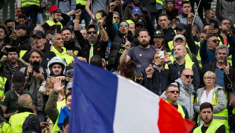 Jérôme Rodrigues and protesters of the Yellow Vests at La Défense in Paris, April 6, 2019.
