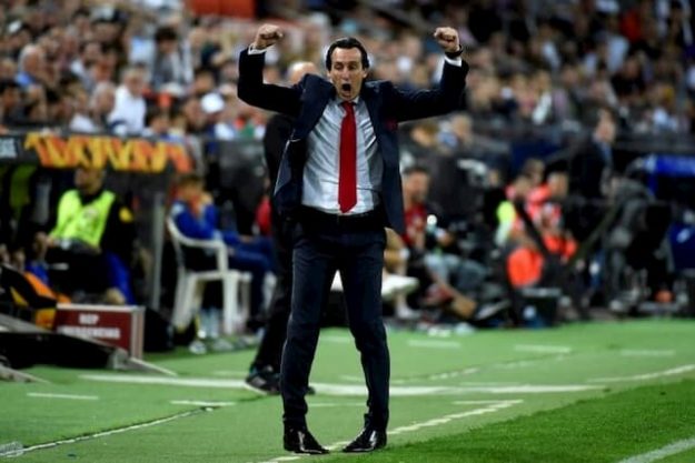 The joy of Arsenal coach Unai Emery after the 3rd goal his team faced Valencia in the semifinal return of Europa League, May 9, 2019 in Mestalla. 