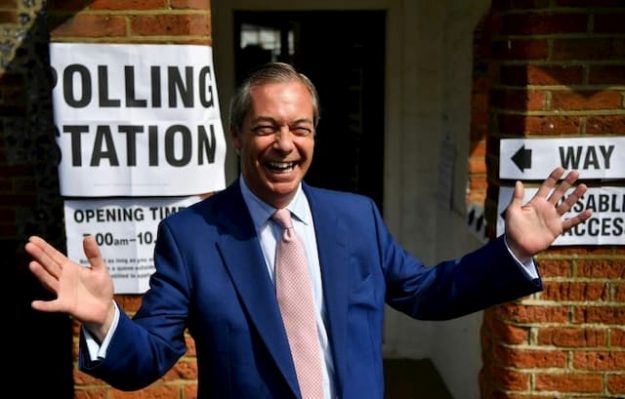 Brexit Party leader Nigel Farage at European Elections polling station