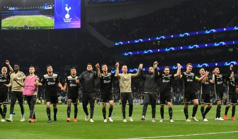 The players of Ajax Amsterdam after their victory in the first leg of the Champions League against Tottenham in London on April 30, 2019.