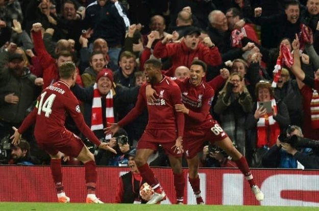 The joy of the Liverpool players after the 3rd goal scored by Georginio Wijnaldum (c) Anfield, May 7 in Champions League