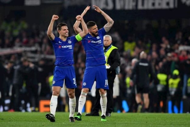 Cesar Azpilicueta and Olivier Giroud celebrate Chelsea's qualification for the Europa League final after eliminating Frankfurt on 9 May 2019 at Stamford Bridge. 