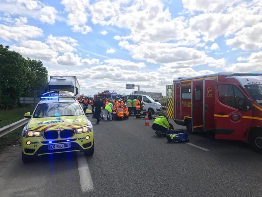 A serious accident occurred on the A64 motorway at Muret (Haute-Garonne), south of Toulouse, involving a truck and a van, Monday, April 29, 2019.