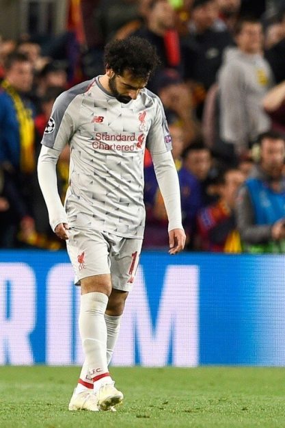 Liverpool Egyptian striker Mohamed Salah disappointed at the end of the match against Barcelona in Champions League