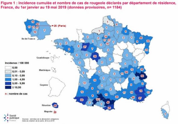 The cases of measles reported in France and Haute-Garonne since January 1, 2019, to Wednesday, May 22, 2019. 