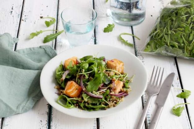 Rocket Salad with Quinoa, Lentils and Salmon Dice recipe