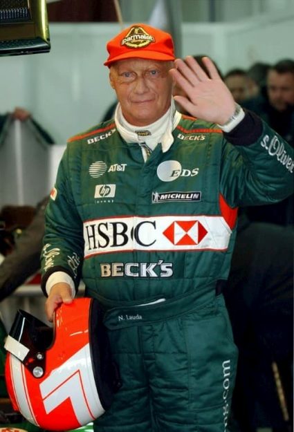 Three-time Formula 1 world champion Niki Lauda on January 13, 2002 after testing the Jaguar R2 on the Valencia circuit (Spain).