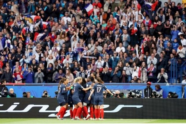 The fans exult as well as the French team after the goal of the attacker Eugenie Le Sommer against South Korea during the opening match of the World Cup, at the Parc des Princes, on June 7, 2019. 