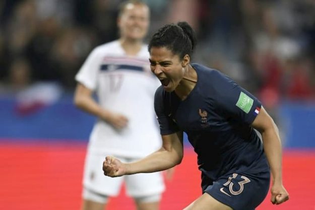 Valérie Gauvin opens the scoring for France against Norway at the Womens World Cup on June 12, 2019 in Nice.