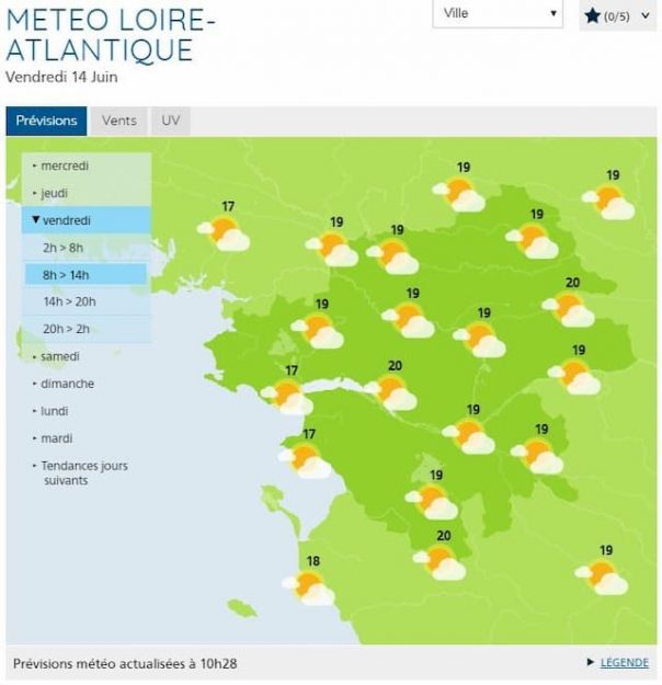 The forecast of the day of Friday, June 14, 2019 in Loire-Atlantique. 