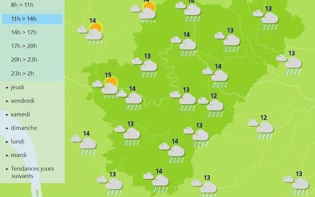 The weather in Charente is forecast for rain today