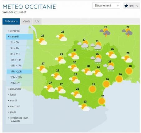 The weather forecast for Occitanie for Saturday.