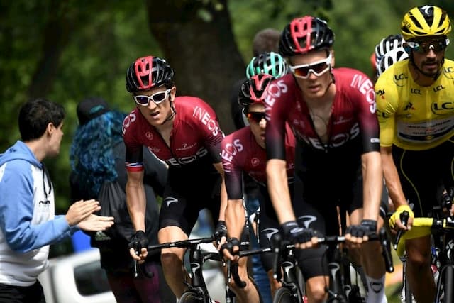 The Ineos team with Geraint Thomas (2d) during the 18th stage of the Tour de France between Toulouse and Bagnères-de-Bigorre, July 18, 2019.