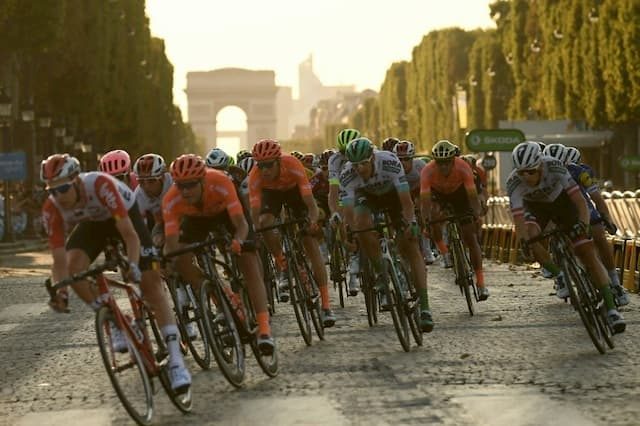 The Tour de France riders on the Champs Elysees during the last stage of the Tour de France on July 28, 2019.