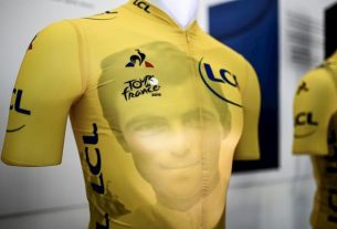 Presentation of the yellow jersey of the Tour de France 2019 with the effigy of champions who donned the prestigious tunic in the Grande Boucle, on May 14, 2019 in Romilly-sur-Seine.