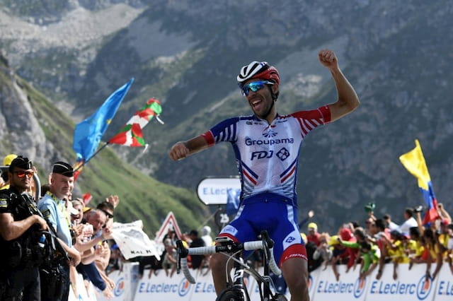 Frenchman Thibaut Pinot wins the 14th stage of the Tour de France on July 20th, 2019.