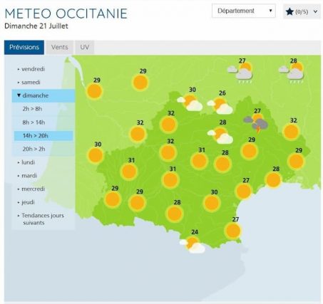 The weather forecast for Occitanie for sunday. 
