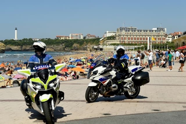 Police bikers patrol the Great Beach of Biarritz, August 22, 2019 before the G7 summit.