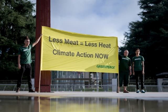 "Less meat = less heat, Action for the climate now" on a banner brandished by Greenpeace activists on August 8, 2019 in Geneva, before the publication of the Giec report on climate and land. 