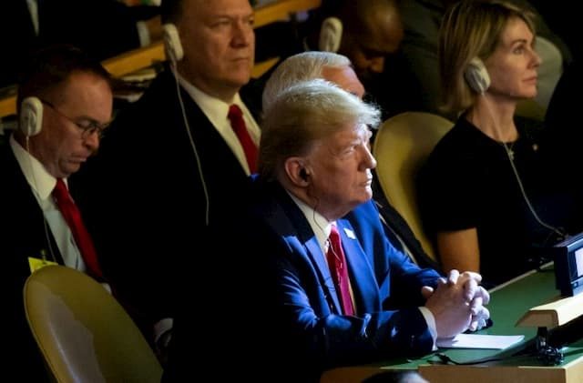 Donald Trump with Mike Pence and Mike Pompeo at the UN Climate Summit in New York on September 23, 2019.