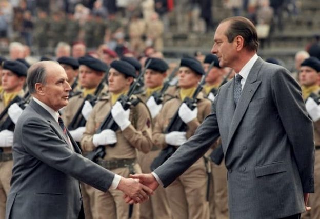 President François Mitterrand and Prime Minister Jacques Chirac on June 18, 1987 at Mont Valérien.