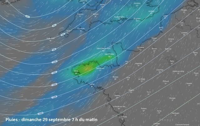 The map of the rain forecast Sunday morning.