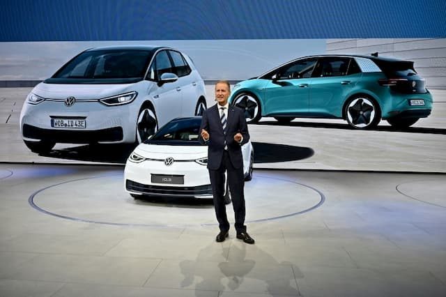 Volkswagen CEO Herbert Diess presents the new ID.3 electric car on September 9, 2019 in Frankfurt.Motor Show