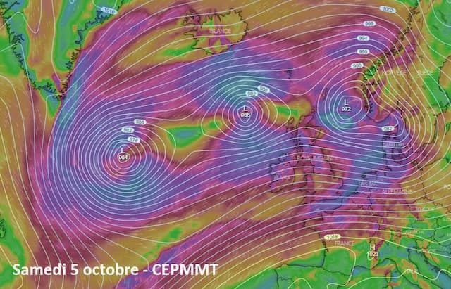 The forecast map of the European model for Saturday, October 5: look at these three depressions! Hurricane Lorenzo is on the left. Fortunately all this is well north in latitude.