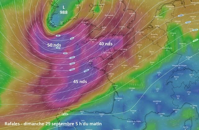 The map of gusts planned Sunday morning