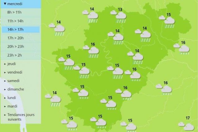 The weather in Charente will be wet with grey skies this afternoon