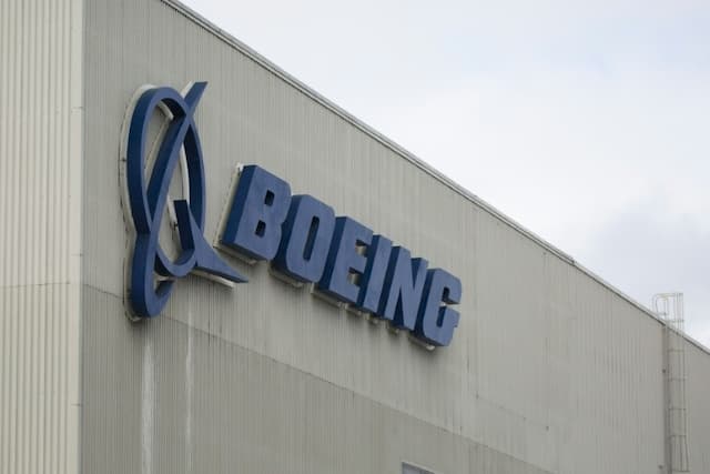 The Boeing logo at the Renton plant on March 12, 2019 in Washington State.