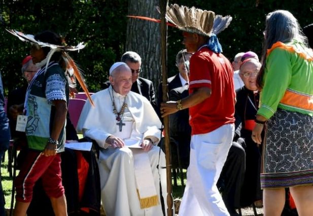 Pope Francis meets representatives of the indigenous peoples of Amazonia in the Vatican Gardens on October 4, 2019 in Rome