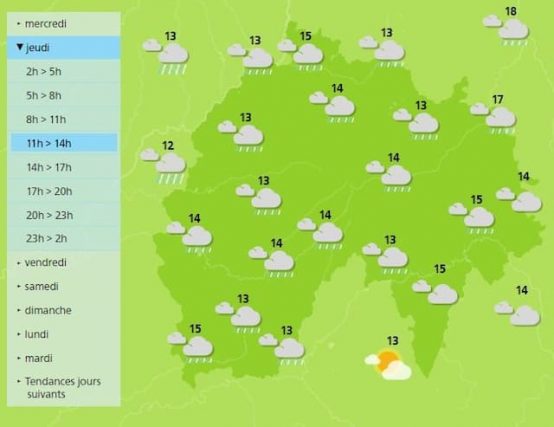 The weather in Cantal will be wet today 