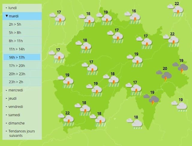 Stormy showers in the afternoon across the Cantal department