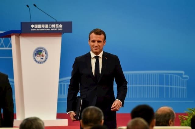 French President Emmanuel Macron leaves the rostrum after a speech at the inauguration of the Shanghai International Import Fair, November 5, 2019.