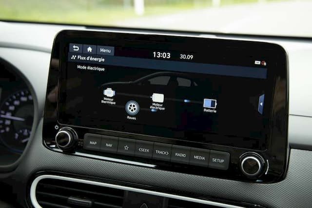 Hyundai Kona built-in display features hybrid-specific graphics.