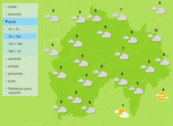 The weather in Cantal, will see no sun today