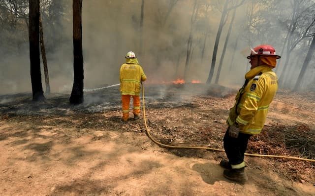 Firefighters fight a forest fire near Batemans Bay in the state of New South Wales, Australia, on January 3, 2020.