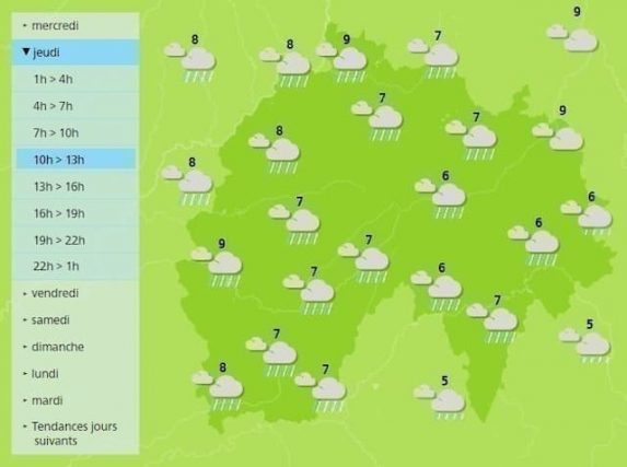 The weather in Cantal will have rain all day