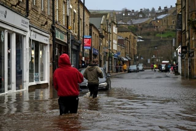 The streets of Hebden Bridge, in the north of England, during the passage of Ciara on February 9, 2020. 