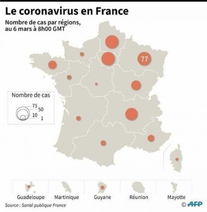 Map showing the number of coronavirus contaminations by regions in France, on March 6 at 8:00 GMT.