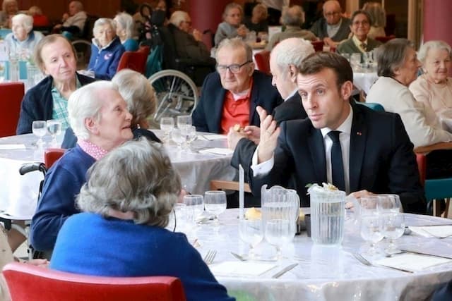 Emmanuel Macron has lunch with residents of a nursing home on March 6, 2020 in Paris.