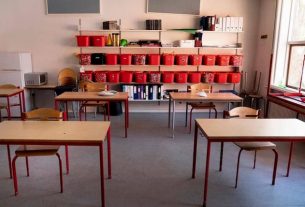 A classroom in Gladsaxe, Denmark, Tuesday April 14, 2020