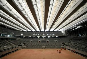 The Philippe Chatrier central court at Roland-Garros, in Paris, May 5, 2020