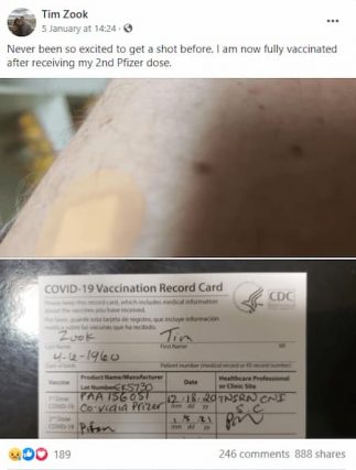 Tim Zook excitedly shared news of his Covid-19 vaccine on Facebook