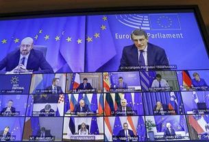 During a virtual summit, European Council President Charles Michel (top left) called on leaders not to ease restrictions against the coronavirus on February 25, 2021.