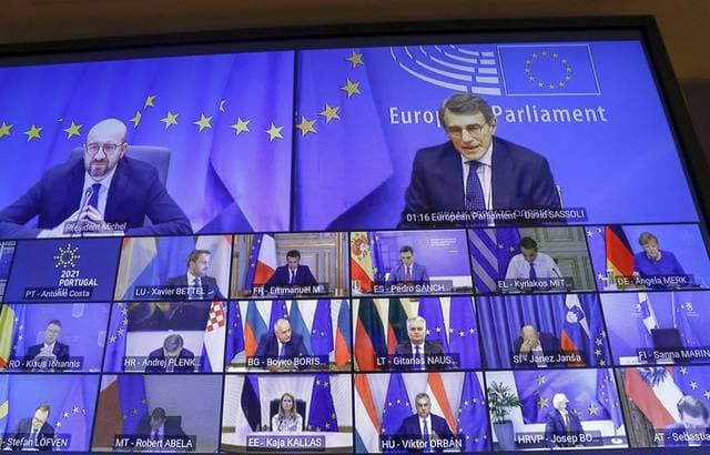During a virtual summit, European Council President Charles Michel (top left) called on leaders not to ease restrictions against the coronavirus on February 25, 2021.