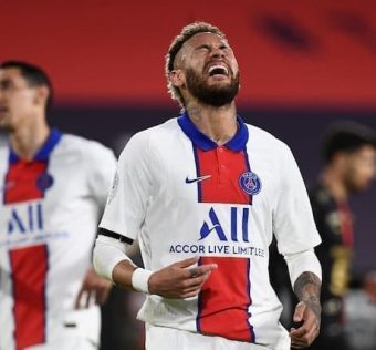 Paris Saint-Germain's Brazilian striker Neymar reacts after missing an opportunity against Rennes, during their L1 match on May 9, 2021 at Roazhon Park.