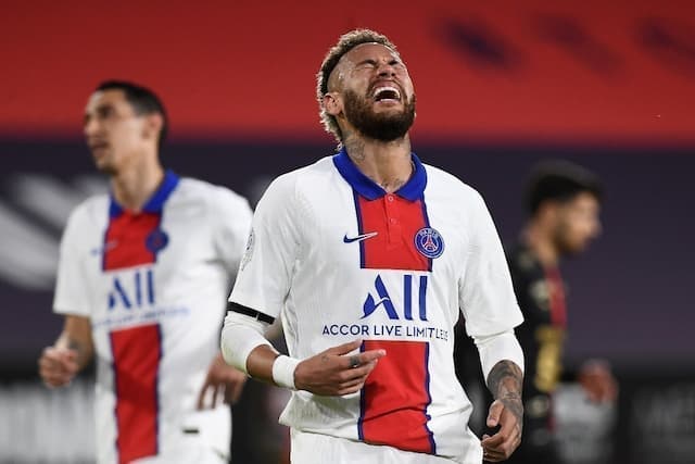 Paris Saint-Germain's Brazilian striker Neymar reacts after missing an opportunity against Rennes, during their L1 match on May 9, 2021 at Roazhon Park.